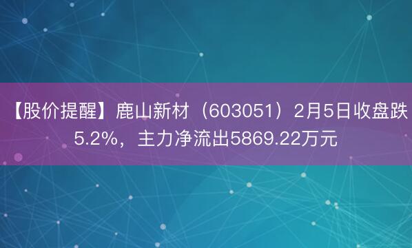 【股价提醒】鹿山新材（603051）2月5日收盘跌5.2%，主力净流出5869.22万元