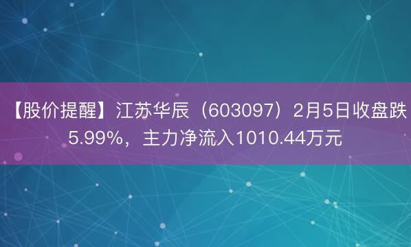 【股价提醒】江苏华辰（603097）2月5日收盘跌5.99%，主力净流入1010.44万元