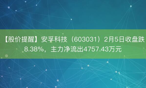 【股价提醒】安孚科技（603031）2月5日收盘跌8.38%，主力净流出4757.43万元